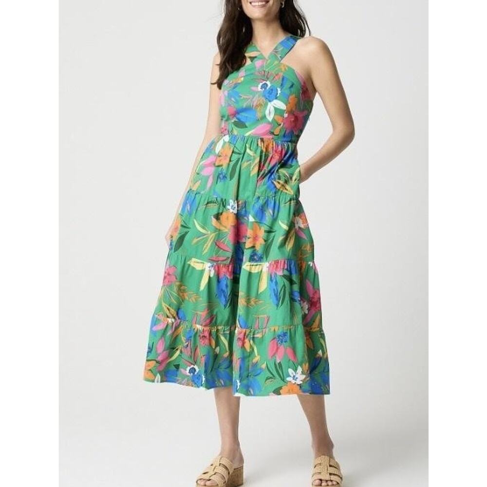 J.CREW Tall printed Tiered Halter Midi Dress Womens 6 Green Floral Crossback